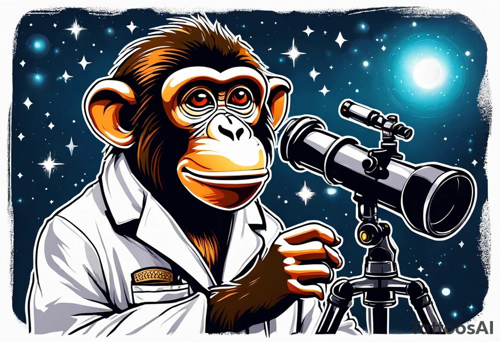 Small monkey in a lab coat looking up at the stars through a telescope tattoo idea