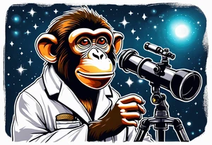 Small monkey in a lab coat looking up at the stars through a telescope tattoo idea