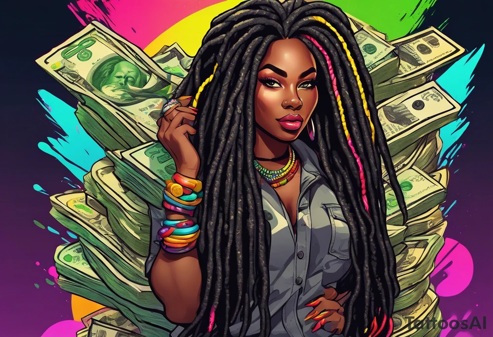 beautiful thick black women with long straight dreadlocks, new school style, holding piles of money, colorful, neon, bright, streetwear, streetstyle, urban tattoo idea