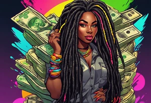 beautiful thick black women with long straight dreadlocks, new school style, holding piles of money, colorful, neon, bright, streetwear, streetstyle, urban tattoo idea