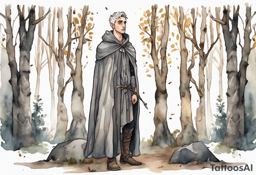 a sad Tan France wearing a grey medieval cloak standing in a birch forest tattoo idea