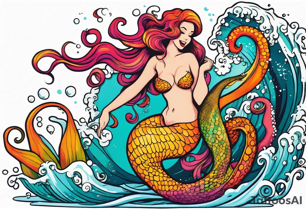 Giant octopus and mermaid frolicking in the sea tattoo idea