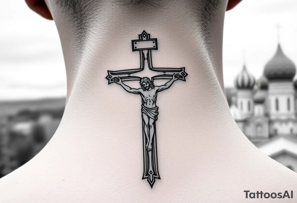 Traditional orthodox ICXC Christian cross with the small horizontal bar at the top with a plaque titulus, the central longest horizontal bar with Jesus Christ on the cross also with the slanted part of the cross where christs feet were nailed in a Russian wilderness Kremlin setting tattoo idea