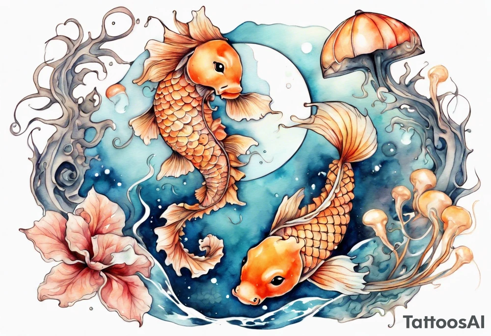 Water scene, featuring koi karp, jellyfish, seahorses and the moon. With nods to Pisces. tattoo idea