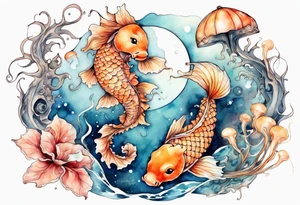 Water scene, featuring koi karp, jellyfish, seahorses and the moon. With nods to Pisces. tattoo idea