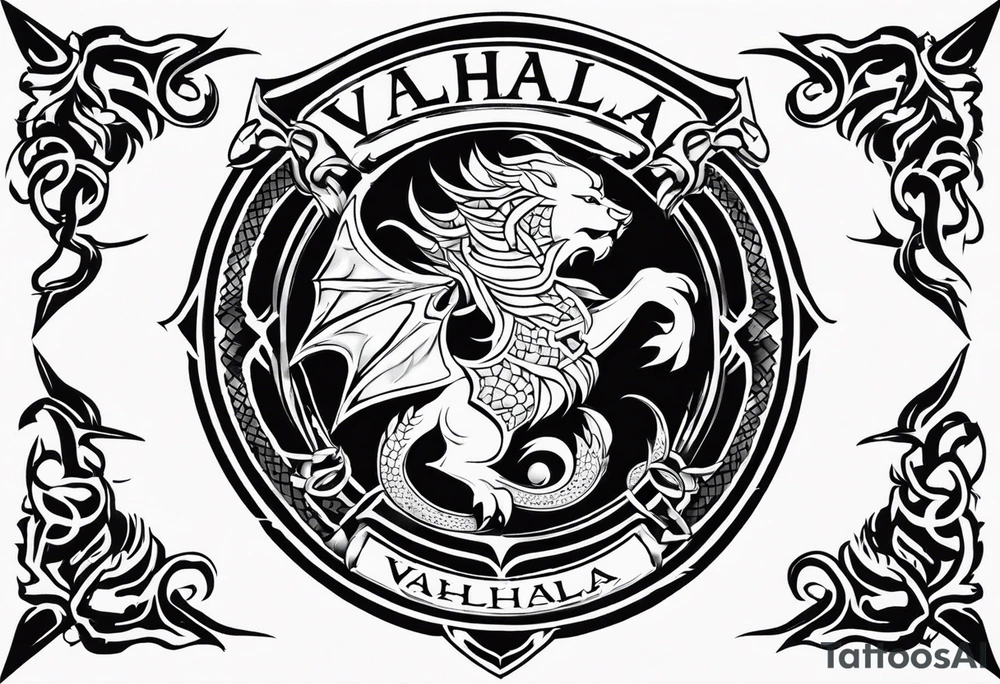 Valhalla sword shield dragon lion tattoo idea