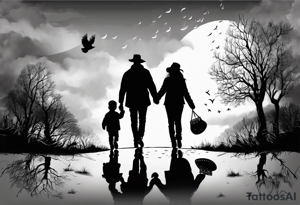 the following text: Come take my hand
We walk this road together 
through the storm
Whatever weather 
cold or warm
you're not alone
we're on the same road

plus a father and son picture with a football walking on a way 

plus a baby hand hold by an adult hand tattoo idea