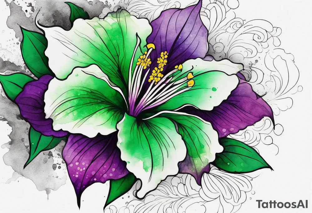 A mystical outline of a green and purple rio dipladenia flower and a green and purple watercolor splash in the background tattoo idea