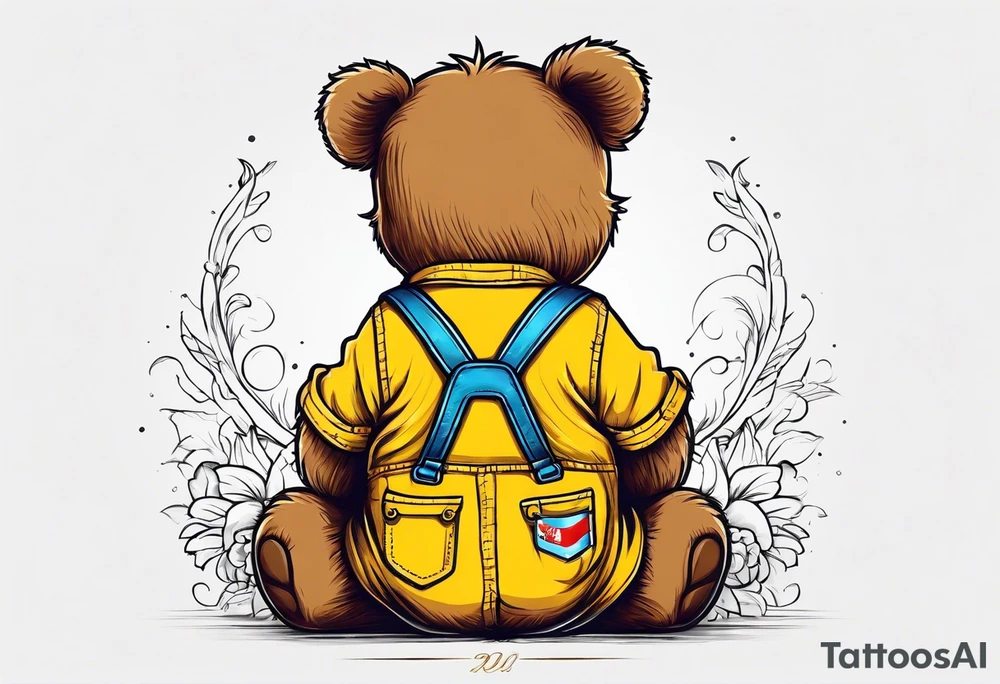 the back of a standing, skinny, brown ,
teddy bear in long, yellow overalls tattoo idea