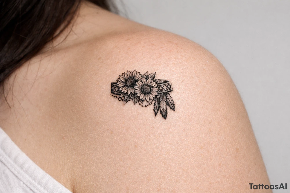 sunflowers with feathers and female Indian headband ribbon tattoo idea