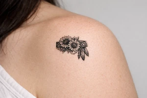 sunflowers with feathers and female Indian headband ribbon tattoo idea