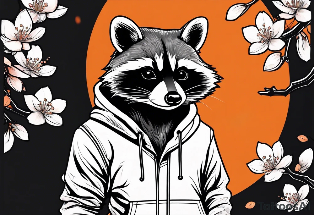 Raccoon wearing a white Superman logo on a black hoodie and orange Japanese cherry blossoms beside tattoo idea