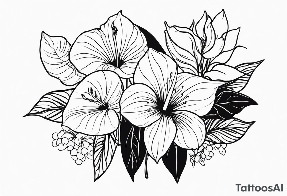 Bouquet de fleurs en long avec des oeillets et on rajoute des anthuriums tattoo idea