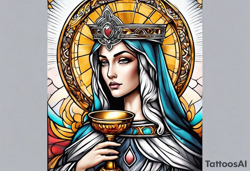 holy saint woman with halo holding a chalice tattoo idea