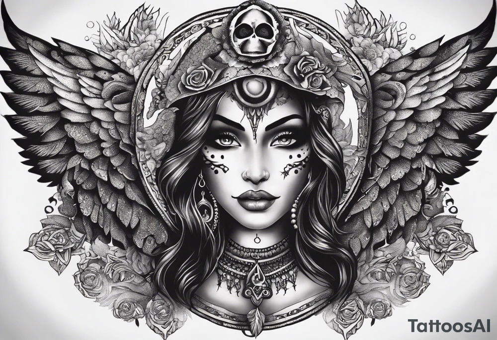 black kali, goddess pirate, alien, angel, pachamama, valkrye, warrior, flying, skull, lotus azul, wing, eagle, zenza resonance, stars, 5D, anahata chakra, death, durga, riding on a tiger, flying lady, kundalini, chest tatoo tattoo idea