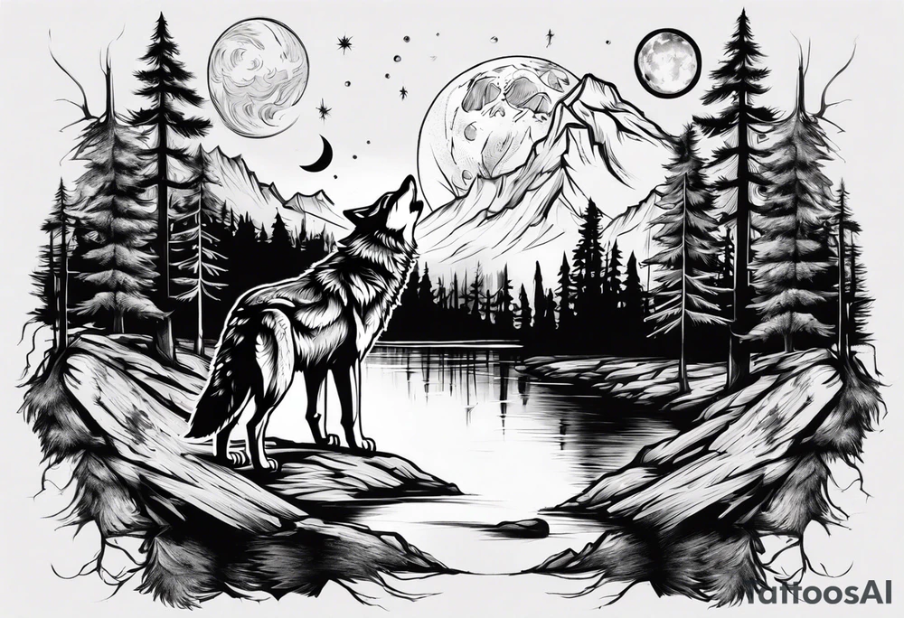 Wolf face a river under it the moon passing through big pine trees tattoo idea