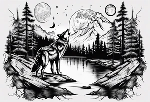 Wolf face a river under it the moon passing through big pine trees tattoo idea
