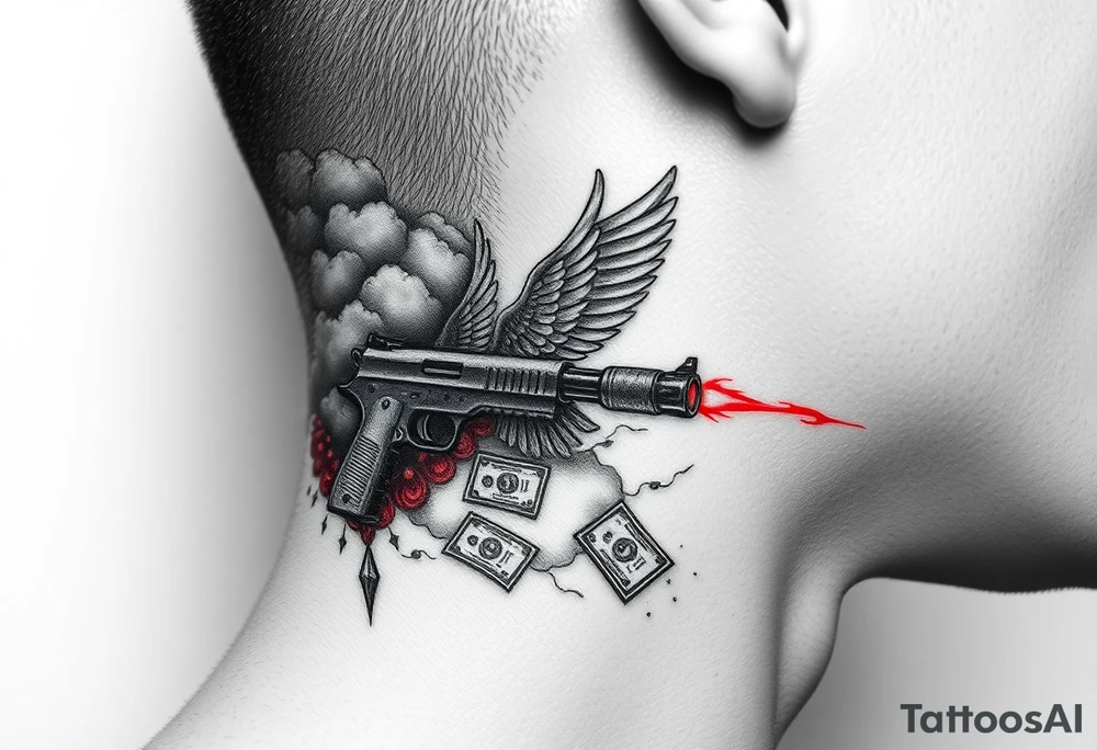 deepfull description of details with clouds,fire guns, money,angels and red for the side of neck tattoo idea