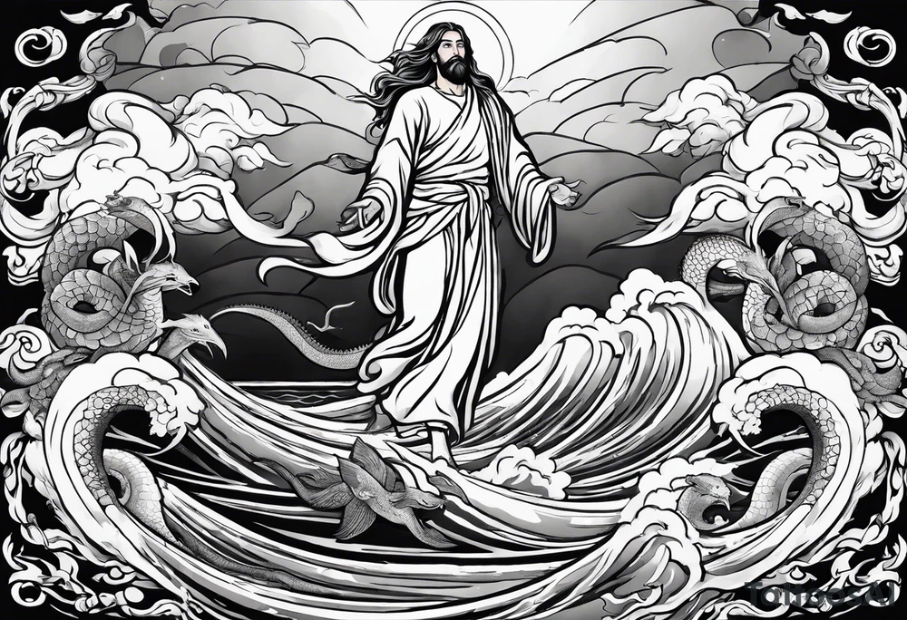 Almighty Jesus Christ descending from Heaven to destroy a powerful Serpent in the ocean tattoo idea