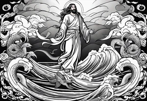 Almighty Jesus Christ descending from Heaven to destroy a powerful Serpent in the ocean tattoo idea