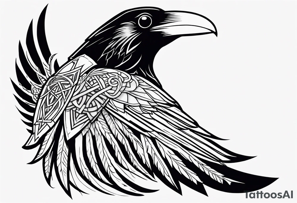 Black and white odins raven in a Norse rune style for placement on the neck with the ravens wings going up the sides of the neck tattoo idea