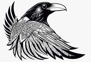 Black and white odins raven in a Norse rune style for placement on the neck with the ravens wings going up the sides of the neck tattoo idea