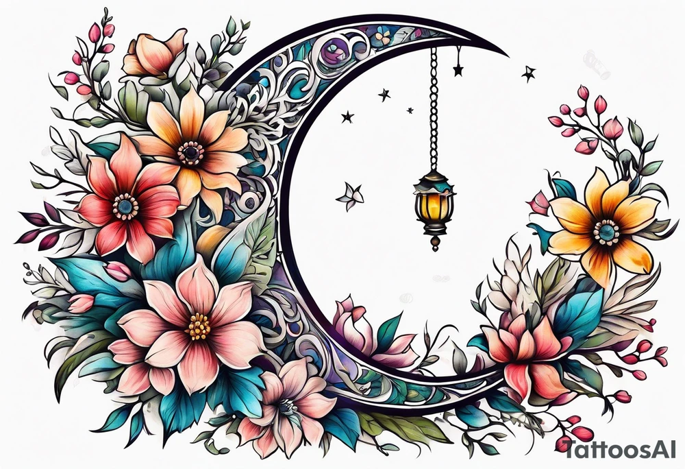 Crescent moon shrouded in pretty flowers tattoo idea