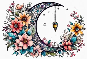Crescent moon shrouded in pretty flowers tattoo idea