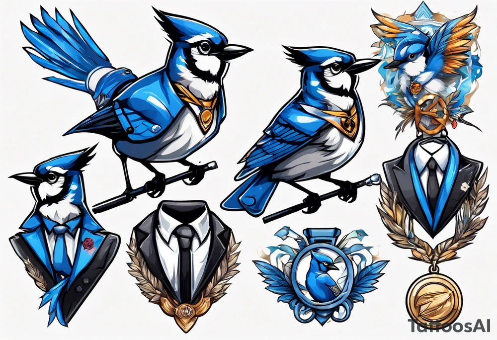 bluejay in a suit with a single medal tattoo idea
