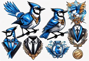 bluejay in a suit with a single medal tattoo idea
