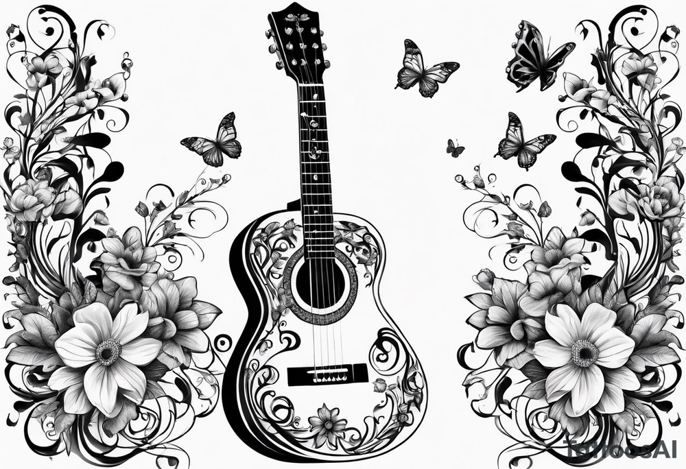 Guitar in shape of treble clef with flowers growing off the side, butterflies, small tattoo idea