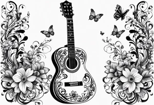 Guitar in shape of treble clef with flowers growing off the side, butterflies, small tattoo idea