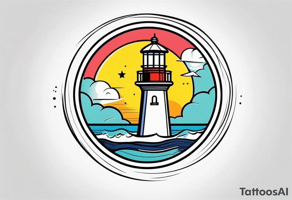 lighthouse, minimalism, circle framed tattoo idea