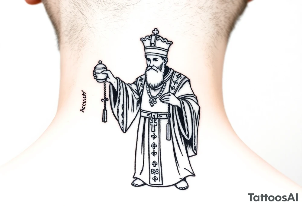 Russian orthodox priest in a detailed vestment swinging censer chains tattoo idea