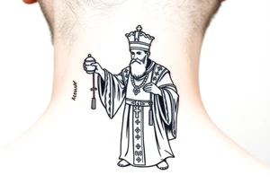Russian orthodox priest in a detailed vestment swinging censer chains tattoo idea