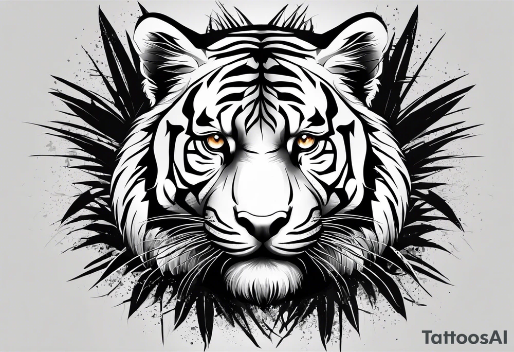 This design focuses on a detailed, realistic drawing of a tiger's face. The tiger's eyes are large and compelling, depicted with a wild and proud expression. The background could be enriched with details of the tiger's natural habitat, such as forests and bamboo trees. tattoo idea