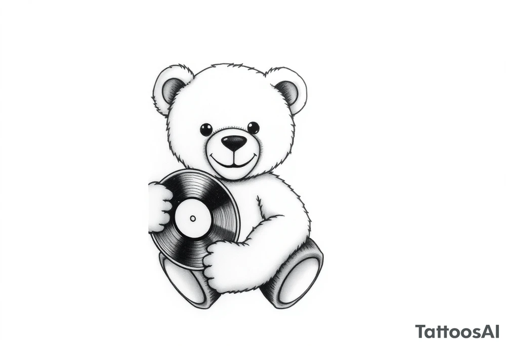 minimalist teddy bear smiling and holding a vinyl record tattoo idea