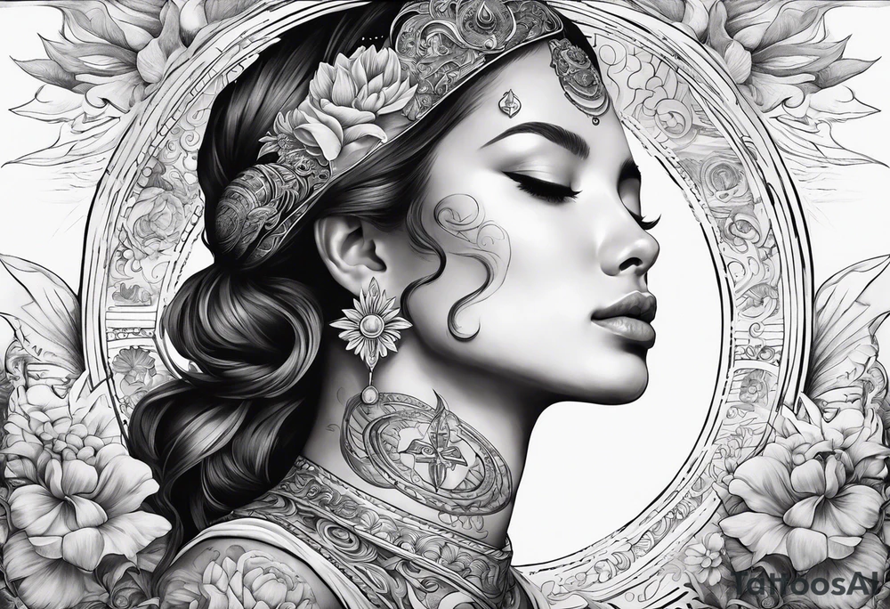 spiritual neck sleeve with stairway to heaven with clouds and rays, cosmo, iris, daisy flower and om symbol on throat
no woman in design tattoo idea