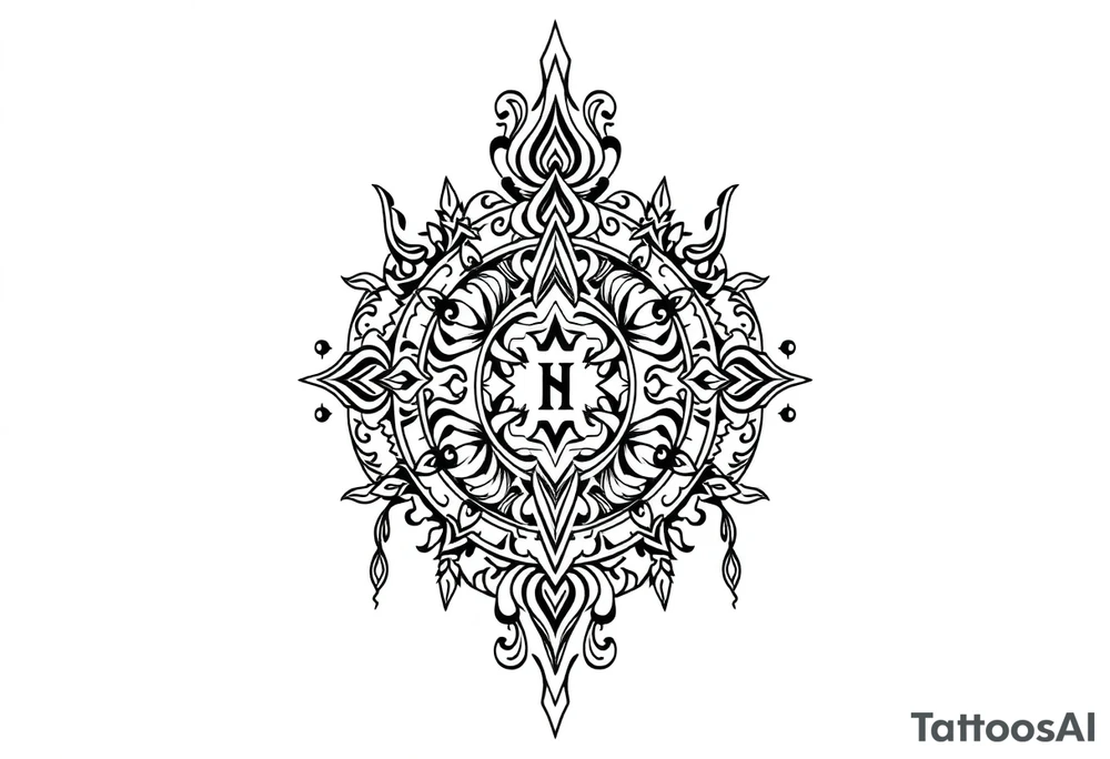 long ornament shaman style mytical with ancient rhyme letters tattoo idea
