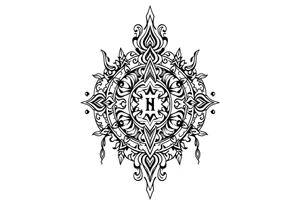 long ornament shaman style mytical with ancient rhyme letters tattoo idea