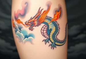 fierce dragon breathing iridescent fire against stormy skies tattoo idea