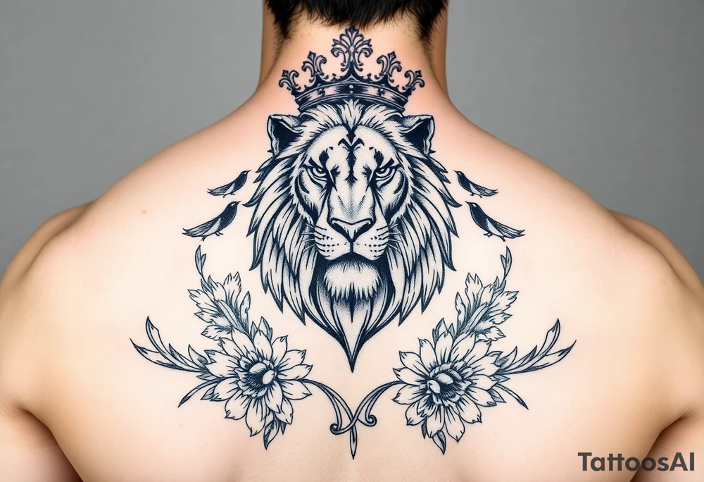 powerful majestic lion with a crown, surrounded by floral ornaments and birds tattoo idea