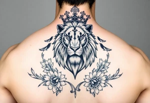 powerful majestic lion with a crown, surrounded by floral ornaments and birds tattoo idea