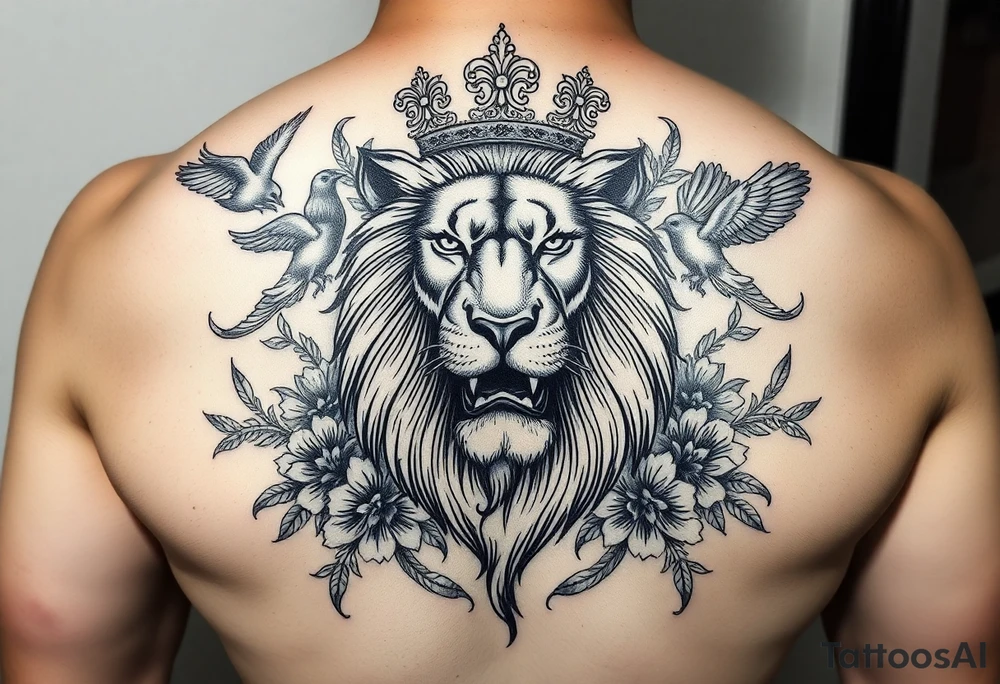 powerful majestic lion with a crown, surrounded by floral ornaments and birds tattoo idea