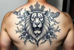 powerful majestic lion with a crown, surrounded by floral ornaments and birds tattoo idea