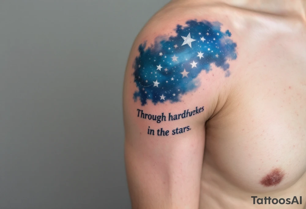 This tattoo combines quote “Through hardships to the stars” with silver star trails over a midnight blue sky on the upper arm. tattoo idea