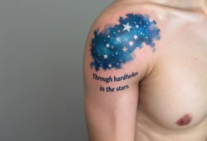 This tattoo combines quote “Through hardships to the stars” with silver star trails over a midnight blue sky on the upper arm. tattoo idea
