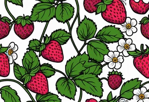 Strawberry plants, raspberry plants, blackberry plants with flowers in bold colors tattoo idea