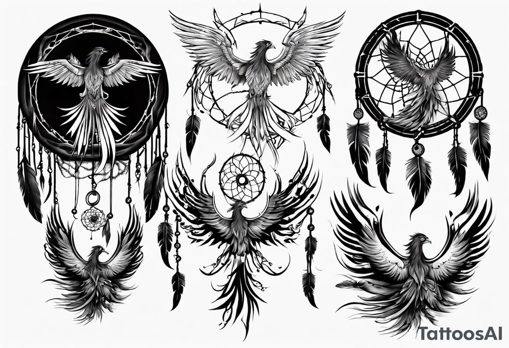 Fire Phoenix flying dream catcher tattoo idea