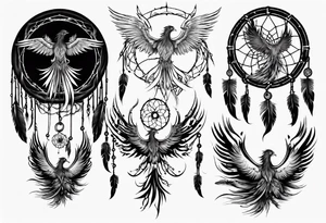 Fire Phoenix flying dream catcher tattoo idea